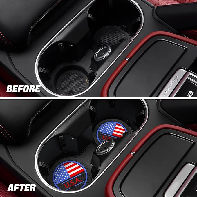 AUCELI 2 Pack Car Cup Holder Coasters, Colored American Flag US Flag Insert Car Cup Coaster, 2.75 Inch Anti Slip Shockproof Embedded Drink Mat, Vehicle Interior Decor Accessories