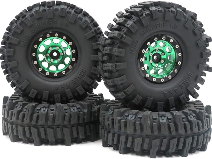 HOBBYSOUL RC 1.9 Mud Slingers Tires Soft Sticky Tyre 120mm & 1.9 Beadlock Wheel Green Black For 1/10 Rock Crawler Axial SCX10 Capra Traxxas TRX4 Redcat Gen8, (4-Pack)