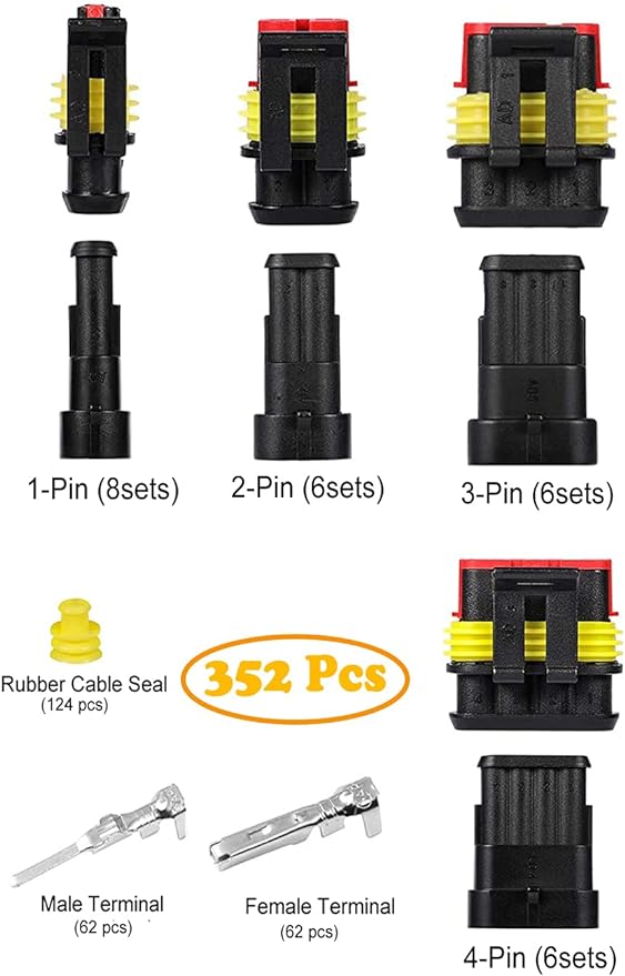 352Pcs Waterproof Electrical Connector Terminals Automotive Electrical Wire Connectors 1/2/3/4 Pin Connector with Ratchet Crimping Tool