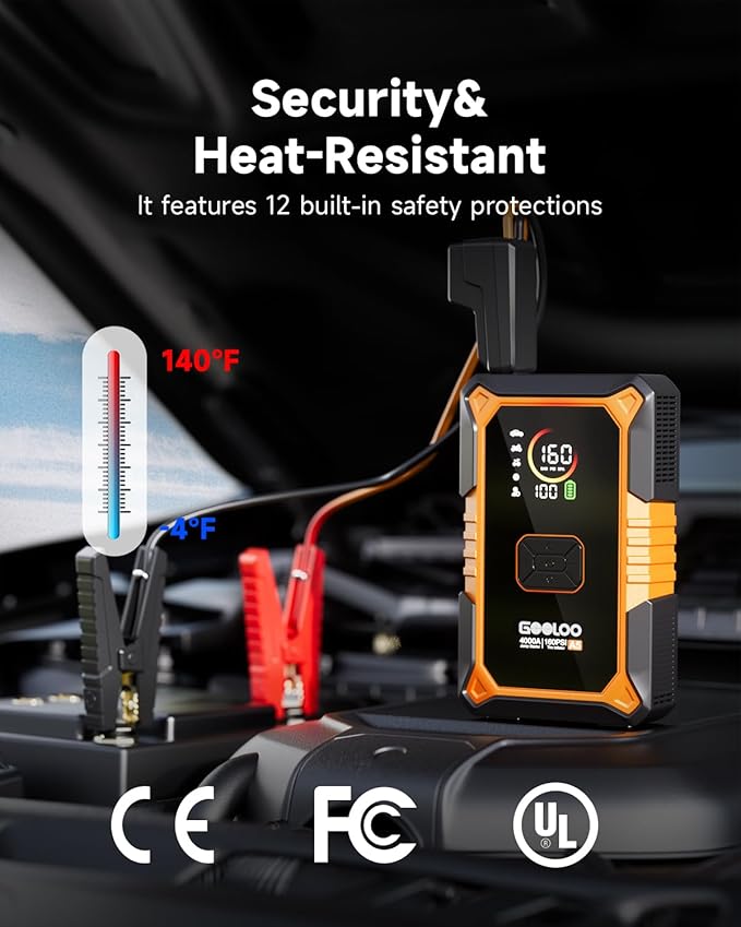GOOLOO A5 Car Jump Starter with Air Compressor, 4000A Portable Car Jump Starter (All Gas/10.0L Diesel) with 160PSI Auto-Off Tire Inflator, 45W Output Power Bank,12V Battery Jumper Starter Portable