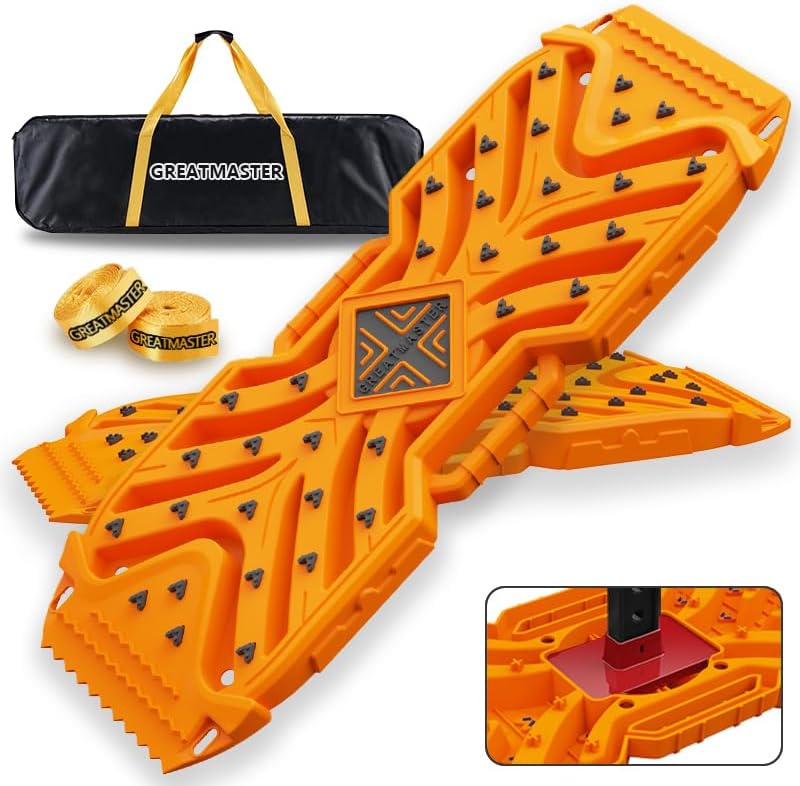 Traction Boards Recovery Boards (Pair) – 42″ × 14″ PA66 Off-Road Tracks with 34 High-Strength Contrasting-Color Spikes, Flip-Shovel & Jack-Base Design, Tow Strap – Sand, Mud, Snow 4×4 SUV ATV Truck