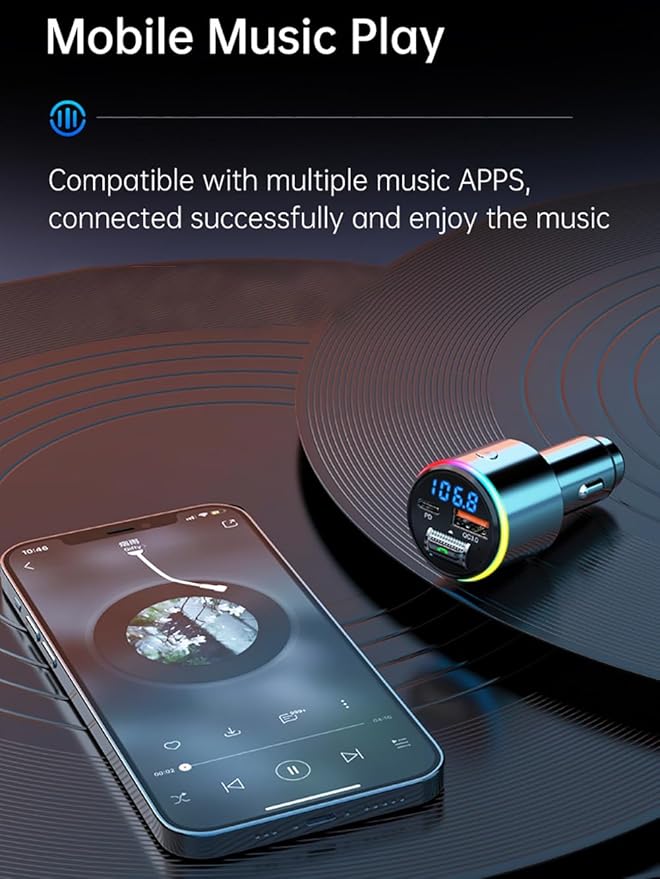 Upgraded V5.3 FM Bluetooth Transmitter Car, Full Metal Bluetooth Car Adapter, Hi-Fi Bass Sound, PD 30W & QC 18W, Handsfree Calls, 7 LED Colors, AUX Output