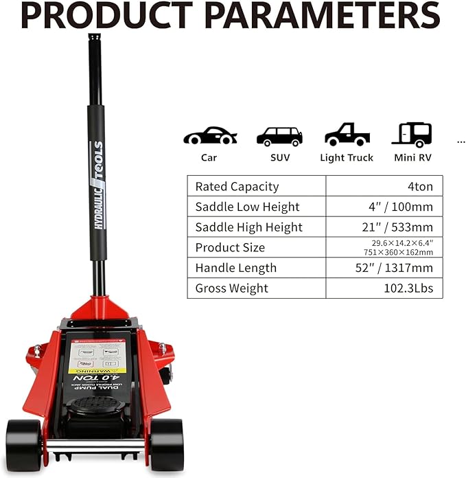 4 Ton Low Profile Floor Jack, Heavy Duty Floor Jack with Dual Pistons Quick Lift Pump, Steel Car Jacks Adjustable Height 4"-21", Hydraulic Trolley Floor Jacks 4 Ton/8000 LBS Capacity, Red
