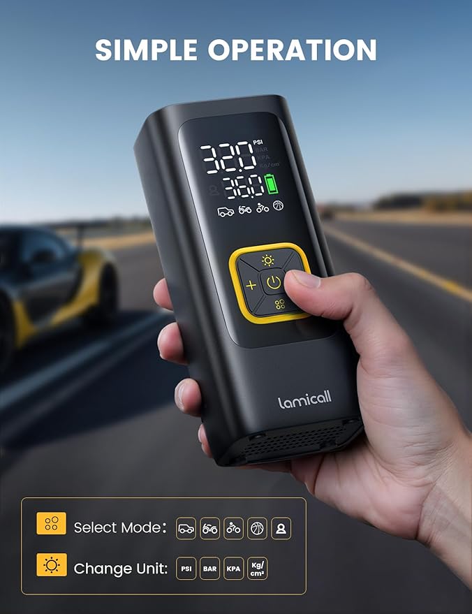 Tire Inflator Portable Air Compressor - Lamicall [4X Faster][150 PSI] Car Bike Air Pump, Rechargeable Battery, Pressure Gauge Display, LED Light, Car Cordless Pump, Gifts for Motorcycle, Bike, Ball