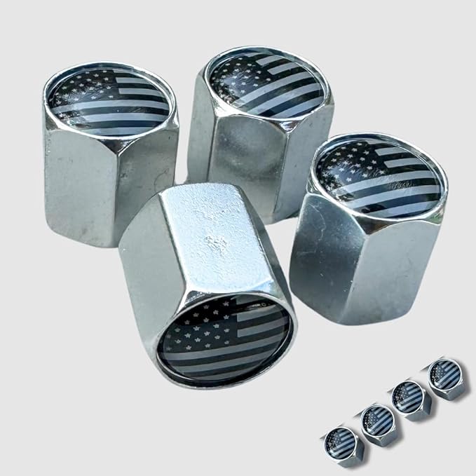 TACTILIAN American Flag Chrome Valve Stem Caps 4 Pack | Leakproof Aluminum Tire Valve Caps with Rubber O-Ring, Universal Fit for Cars, Trucks, SUVs | Silver Tire Valve Caps Chrome Valve Stem Covers