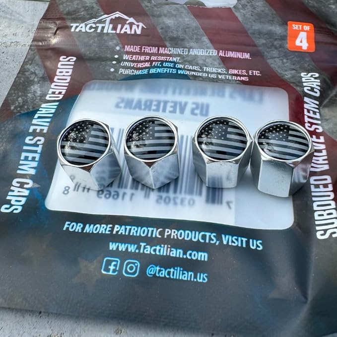 TACTILIAN American Flag Chrome Valve Stem Caps 4 Pack | Leakproof Aluminum Tire Valve Caps with Rubber O-Ring, Universal Fit for Cars, Trucks, SUVs | Silver Tire Valve Caps Chrome Valve Stem Covers