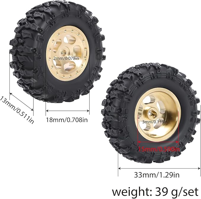 4pcs SCX30 Brass Offset 0.7'' Wheels Set with Rubber Tires Sponge Insert for AXIAL SCX30 Ford Bronco JEEP WRANGLER JLU RC Crawler Upgrade Part ﻿ (Golden 5-hole set)