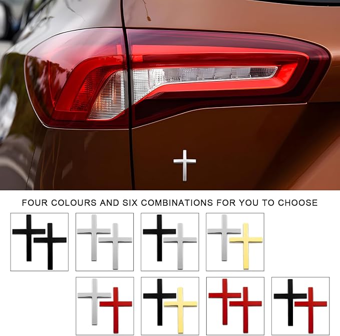 DXNQ 2PCS Metal Jesus Christ Cross Badge Stickers, 2.5"×1.8" Alloy 3D Individual Car Cross Sticker, Self Adhesive Scratch Covering Metal Cross Auto Emblem Decal for Car Body Fender Tail (Silver+Gold)