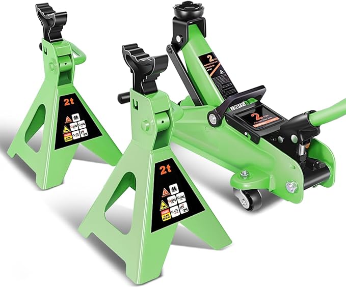 DNA MOTORING 2 Ton Car Jack and Stands Kit 2T(4000 lbs) Capacity Low Profile Hydraulic Trolley Service/Floor Jack with 2 Ratchet Stands Combo for Home Garage Shop, Green, TOOLS-00476-GR