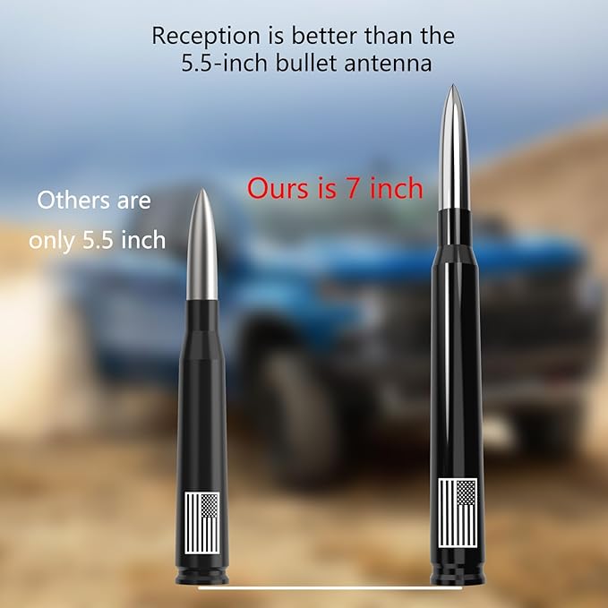 Car Truck Bullet Antenna with Tire Valve Caps American Flag Universal Short Replacement for GMC Sierra Chevy Silverado Dodge Ram 1500 2500 3500 Ford F150 F250 F350 Super Duty Raptor Accessories Silver