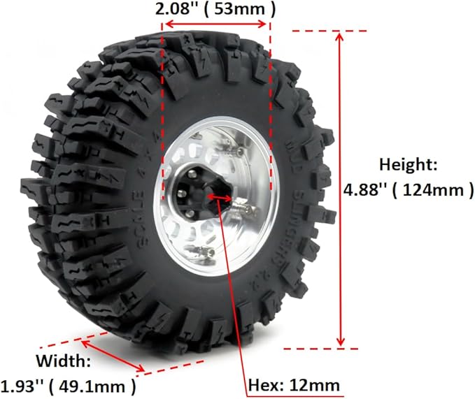 HOBBYSOUL RC 2.2 Beadlock wheels and tires, 124mm Tall 2.2 Mud Slingers Tires & Adjustable Offset 2.2 Wheels Rims Silver For RC Mud Crawler Trail Gen8 Everest 10 Axial Capra Wraith, (4-Pack)