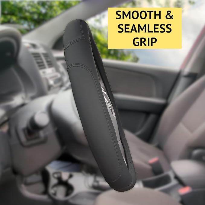 Steering Wheel Cover, Black, Real Genuine Leather, 16 inch, for Men and Women, Universal, Stretch On, Heat Resistant, Stays Cool, Non-Slip, HANWOLF