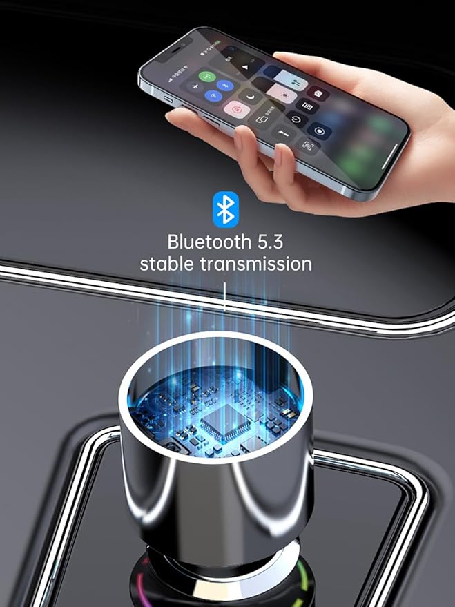 Upgraded V5.3 FM Bluetooth Transmitter Car, Full Metal Bluetooth Car Adapter, Hi-Fi Bass Sound, PD 30W & QC 18W, Handsfree Calls, 7 LED Colors, AUX Output