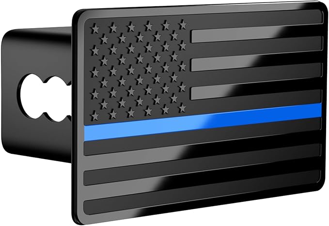 Blue Line American Flag Metal Trailer Hitch Cover for 2" inch Receivers, Tow Hitch Cover for Trucks Cars SUV (Black with Blue Line)
