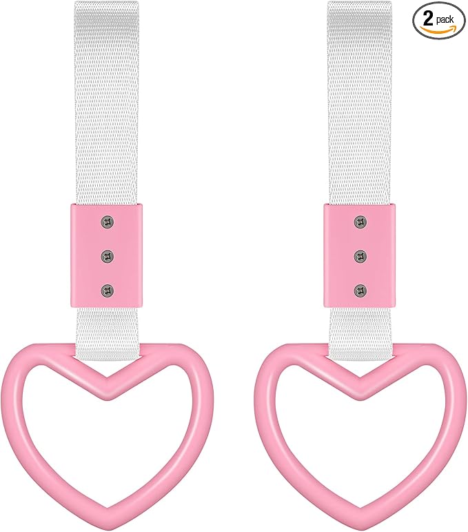2 Pieces Rings Heart Shaped Car Handle Straps Drift Charm Rear Bumper Warning Ring Decor Subway Bus Broken Heart Handle for Car Interior (Pink with Silver Rope)