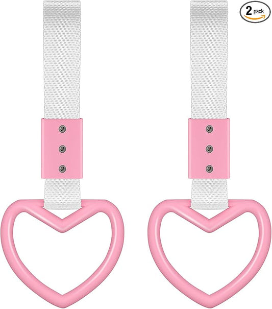 2 Pieces Rings Heart Shaped Car Handle Straps Drift Charm Rear Bumper Warning Ring Decor Subway Bus Broken Heart Handle for Car Interior (Pink with Silver Rope)