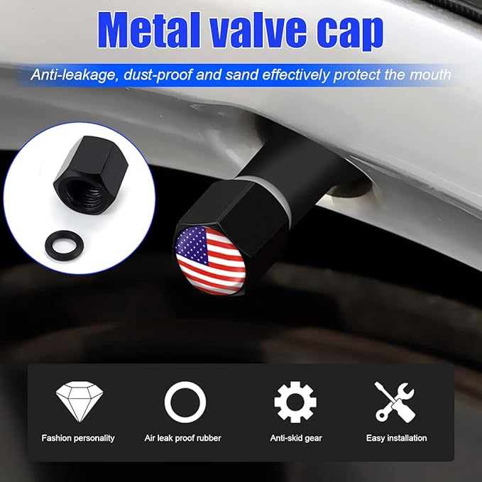 4PCS American Flag Tire Valve Stem Caps for Car, Auto Anti-Rust Airtight Rubber Valve Stem Covers, Leakproof Wheel and Tire Exterior Accessories Universal for Car, Bikes,Vehicles (Red)
