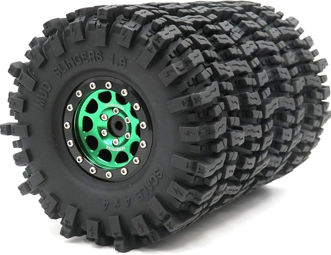 HOBBYSOUL RC 1.9 Mud Slingers Tires Soft Sticky Tyre 120mm & 1.9 Beadlock Wheel Green Black For 1/10 Rock Crawler Axial SCX10 Capra Traxxas TRX4 Redcat Gen8, (4-Pack)