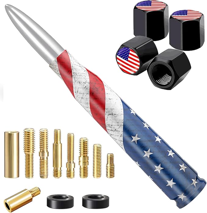 American Flag Car Truck Bullet Antenna with Valve Stem Caps, Universal Antenna Mast for GM Chevy Silverado 1500 2500 3500 HD Avalanche Ford F150 F250 F350 Heavy Duty Pickup Jeep Accessories (Silver)