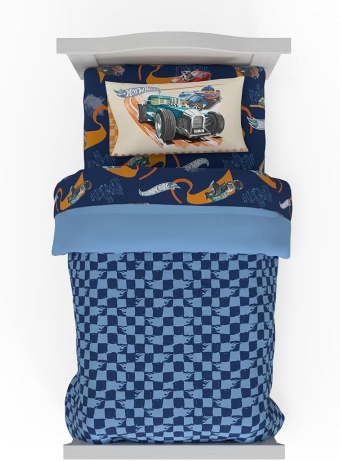 Hot Wheels Race Track 4 Piece Toddler Bed Set – Super Soft & Cozy Reversible Microfiber Comforter and Sheets (Officially Licensed Product) by Franco