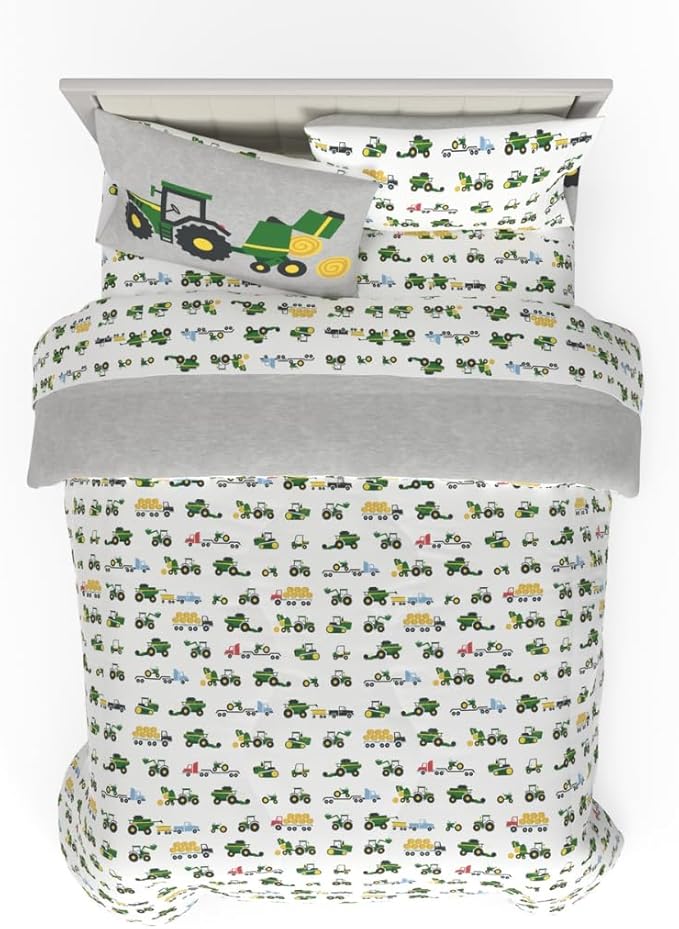 Franco Kids John Deere Farm Equipment Bedding 5 Piece Super Soft Comforter and Sheet Set, Queen, (Officially Licensed Product)