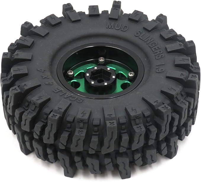 HOBBYSOUL RC 1.9 Mud Slingers Tires Soft Sticky Tyre 120mm & 1.9 Beadlock Wheel Green Black For 1/10 Rock Crawler Axial SCX10 Capra Traxxas TRX4 Redcat Gen8, (4-Pack)