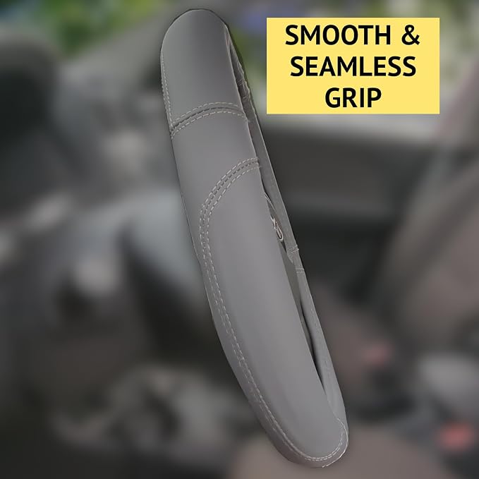 Steering Wheel Cover, Gray, Real Genuine Leather, 16 inch, for Men and Women, Universal, Stretch On, Heat Resistant, Stays Cool, Non-Slip, HANWOLF