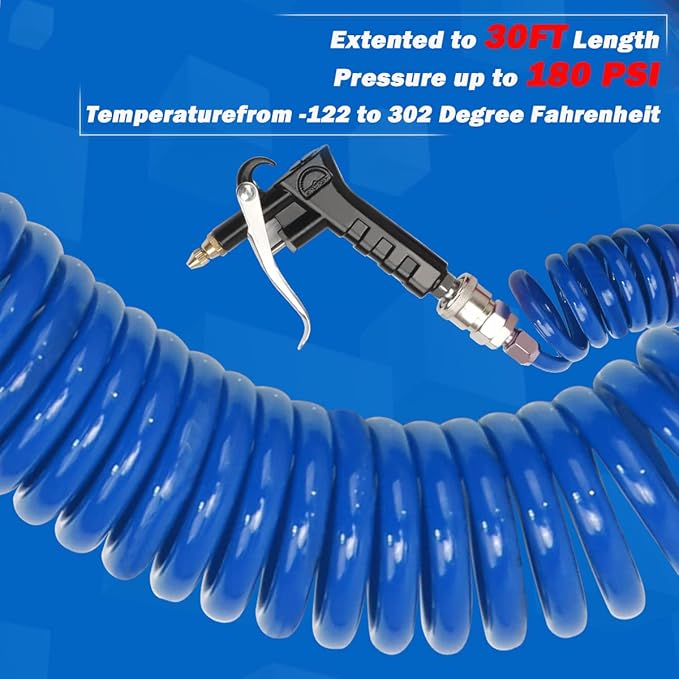 Heavy Duty Truck Air Duster Blow Gun Cleaning with 9 Meter Long Coil and 2 interchangeable nozzle tips- Blue Air Seat Blow Gun Kit