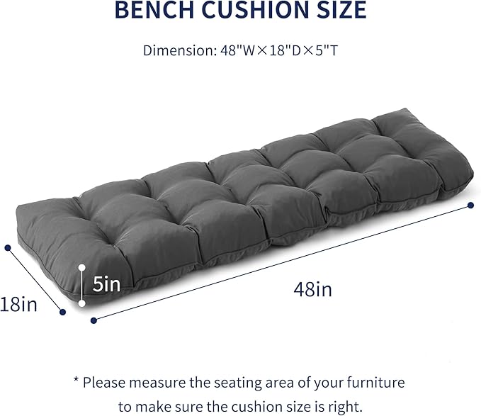 IPYNBAP Outdoor Bench Cushion, 48x18x5 Inch, Waterproof Bench Cushion for Outdoor/Indoor Furniture, Tufted Patio Bench Seat Cushion, Fade Resistant Outdoor Cushions for Porch Swing Couch, Dark Grey