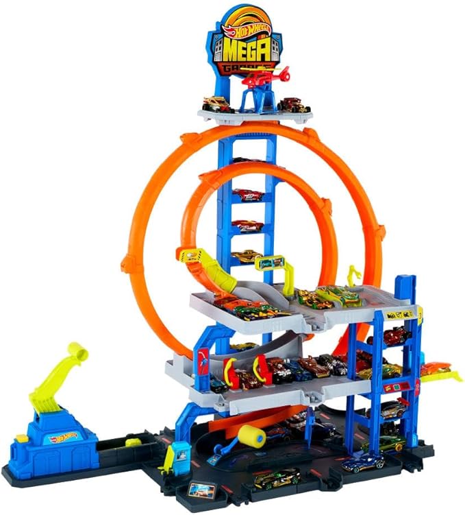 Hot Wheels Toy Car Track Set with Die-Cast Car & Helicopter, 2 Loops, Storage for 36 1:64 Scale Vehicles, Speed Snap Adapters, Mega Loop Garage
