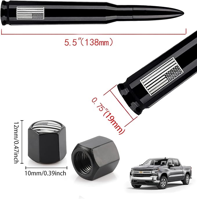 American Flag Car Truck Antenna with Valve Stem Caps, Universal Mast for GM Chevy Silverado 1500 2500 3500 HD Avalanche Ford F150 F250 F350 Denali Heavy Duty Pickup Trucks Accessories (Black)
