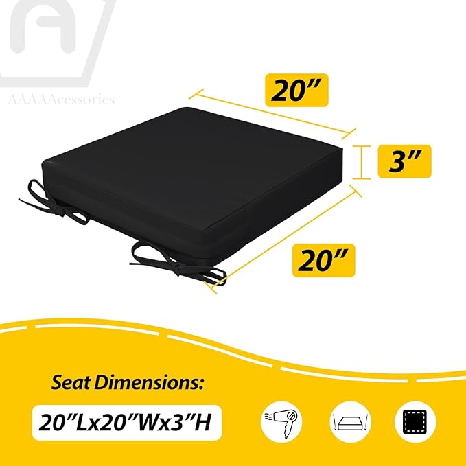AAAAAcessories Outdoor Seat Cushions for Chairs, Waterproof, Fade-Resistant, 20" x 20" x 3", Patio Furniture Replacement Cushions, Set of 2, Charcoal Black