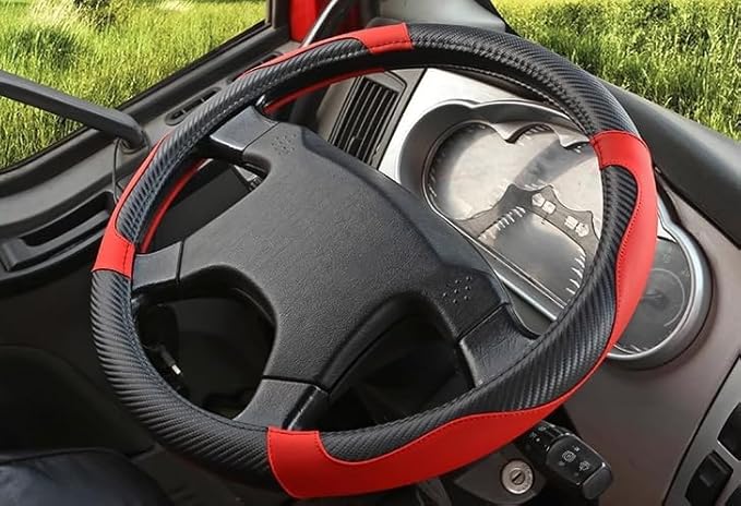 15 Inch Steering Wheel Cover - Carbon Fiber Pattern & Faux Leather, Anti-Slip Grip, Breathable Comfort for Long-Haul Drivers - Black Red