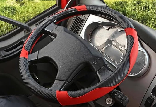 15 Inch Steering Wheel Cover - Carbon Fiber Pattern & Faux Leather, Anti-Slip Grip, Breathable Comfort for Long-Haul Drivers - Black Red
