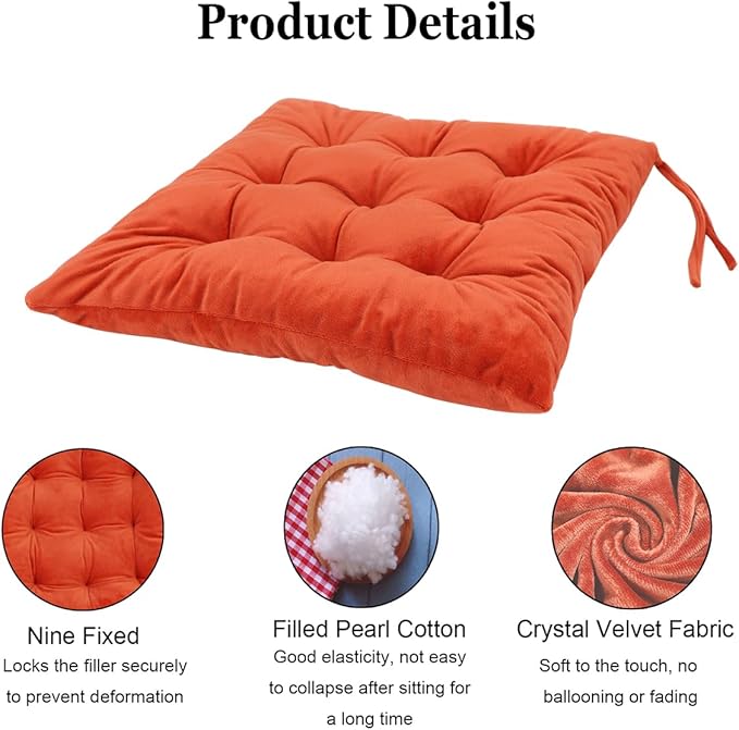 2 Pack Square Seat Cushion Chair Pads for Kitchen Dining Chairs, Soft Comfort Velvet Chair Mat Pillow Cushions with Ties for Office Desk Living Room Tatami 15.5", Orange