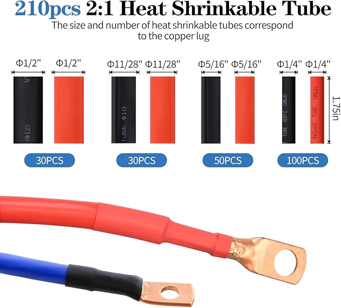Cable Lug Crimping Tool with 170pcs Copper Wire Lugs, Wire Crimping Tool for AWG 10-1/0 Electrical Lug Crimper, with Cable Cutter, 210pcs Dual Wall Adhesive Heat Shrink Tubing