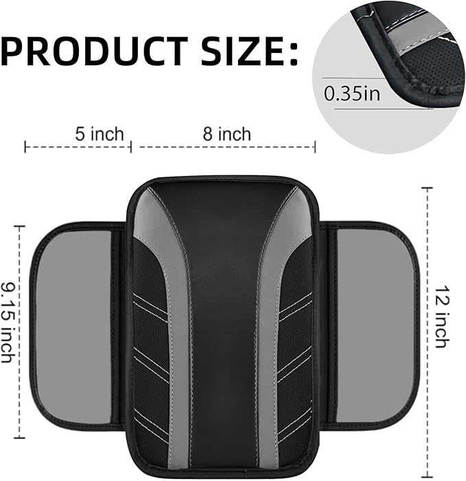 NBTEPEM 6 Pcs Gray Car Accessories Set, Sport Leather Steering Wheel Cover 14.5-15inch Universal, Microfiber Leather Car Center Console Cover, Seat Belt Cushion, Cup Holder Coaster (Black-Gray)