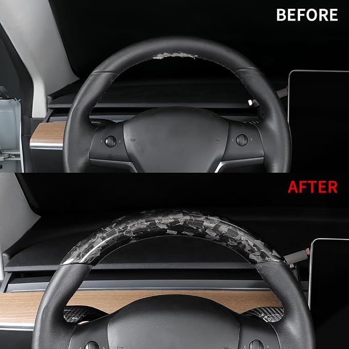 JSWAN Real Carbon Fiber Steering Wheel Cover for Tesla Model 3 2017 to 2023 Model Y 2020 to 2024 Steering Wheel Cover Steering Wheel Wrap Protector Interior Accessories (Forging Upper Part)