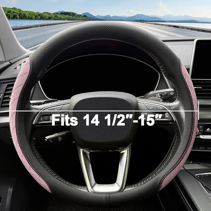 LKWLIKEI Nappa leather steering wheel cover,elegant diamond checkered design, non-slip wear-resistant, enhance driving comfort, suitable for steering wheel diameter 14 1/2‘-15’ models.Black and purple