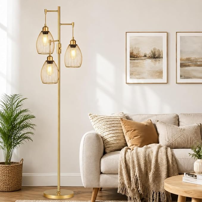 Dimmable Floor Lamp, 3 x 800LM LED Edison Bulbs Included, Farmhouse Industrial Floor Lamp Standing Tree Lamp with Elegant Teardrop Cage Head Tall Lamp for Living Room Bedroom Office Dining Room - Gold