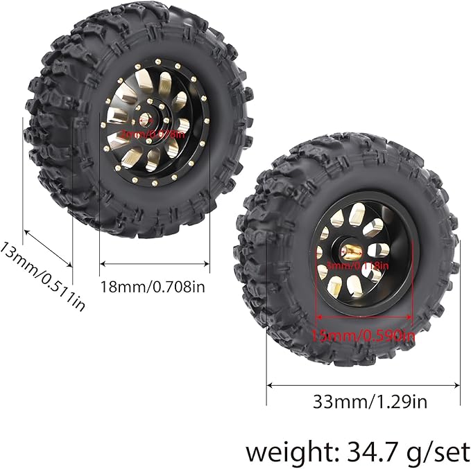 4pcs SCX30 Brass Offset 0.7'' Wheels Set with Rubber Tires Sponge Insert for AXIAL SCX30 Ford Bronco JEEP WRANGLER JLU RC Crawler Upgrade Part ﻿ (Black 10-hole set)