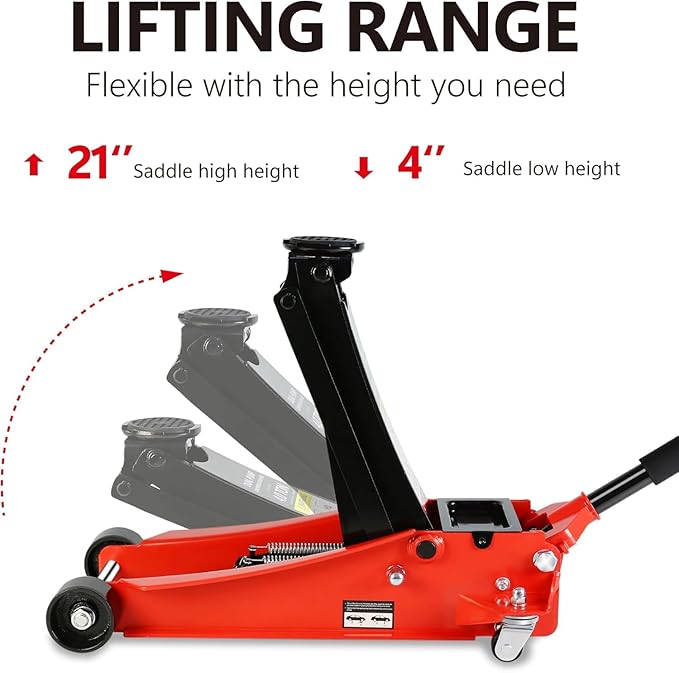 4 Ton Low Profile Floor Jack, Heavy Duty Floor Jack with Dual Pistons Quick Lift Pump, Steel Car Jacks Adjustable Height 4"-21", Hydraulic Trolley Floor Jacks 4 Ton/8000 LBS Capacity, Red