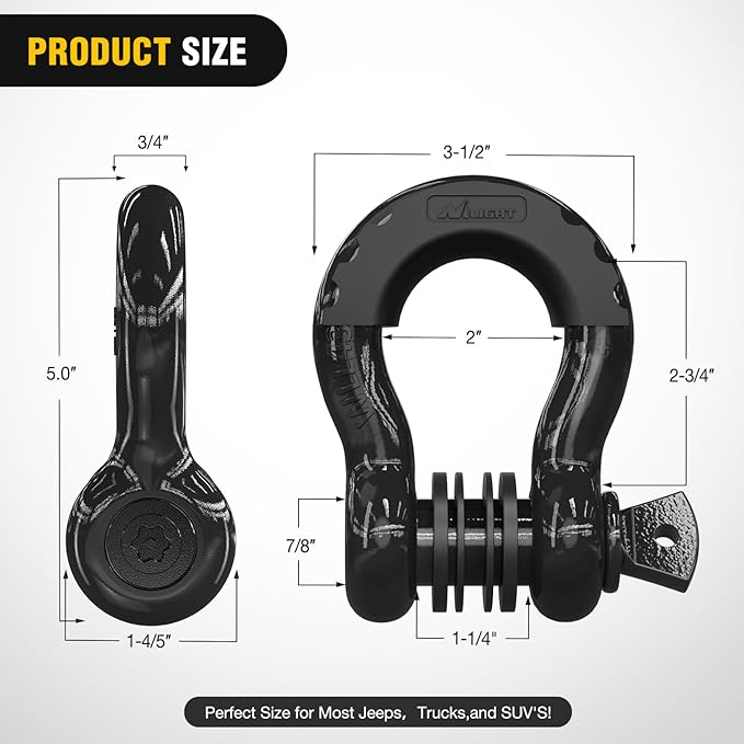 Nilight 3/4 inch D Ring Shackle 2 Pack 19T (41,887 lbs) Break Strength 4.75T WLL Heavy Duty Towing Hook with Anti-Theft System Anti-Rattle Isolators for Truck Jeep SUV ATV UTV Recovery Black