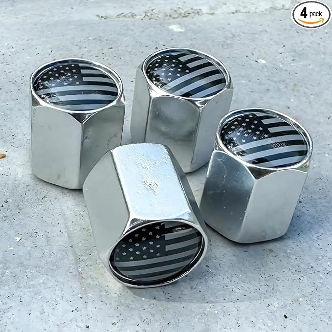 TACTILIAN American Flag Chrome Valve Stem Caps 4 Pack | Leakproof Aluminum Tire Valve Caps with Rubber O-Ring, Universal Fit for Cars, Trucks, SUVs | Silver Tire Valve Caps Chrome Valve Stem Covers