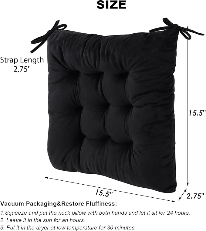 6 Pack Square Seat Cushion Chair Pads for Kitchen Dining Chairs, Soft Comfort Velvet Chair Mat Pillow Cushions with Ties for Office Desk Living Room Tatami 15.5", Black