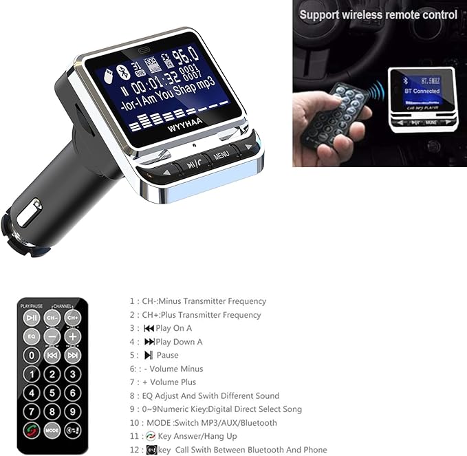 Bluetooth FM Transmitter for Car, Wireless Radio Adapter, 38W [PD 20W + QC 3.0], Handsfree Auto Kit with Remote Control, MP3 Music Player Support Siri Google Assistant U Disk/TF Card/Aux