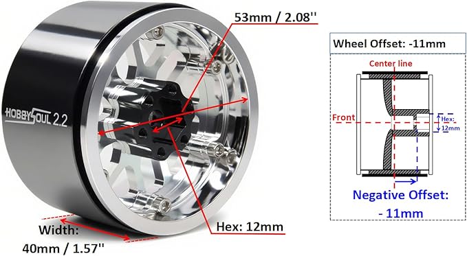 HOBBYSOUL 2.2 Beadlock Wheels -11mm Negative Offset 40mm Wide Rims 2.2 RC Wheels Hex 12mm for 1/10 RC Mud Crawler SCX10 Capra TRX4 Everest gen 7 Pro, Silver
