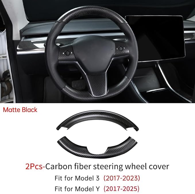 JSWAN Real Carbon Fiber Steering Wheel Cover for Tesla Model 3 2017 to 2023 Model Y 2020 to 2024 Steering Wheel Cover Steering Wheel Wrap Protector Interior Accessories (Matte Black 2Pcs)
