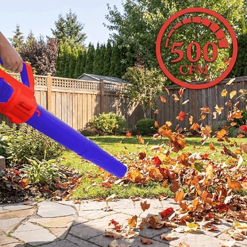 Leaf Blower Cordless with Battery and Charger, 500 CFM/200 MPH, Electric Leaf Blowers with 2 Speeds, 2 Extended Tubes, 1 x 2.0 Ah Battery-Powered Leaf Blowers for Lawn Care, Blowing Leaves, Yard(RED)