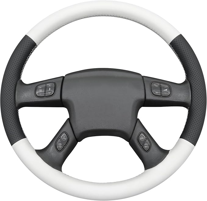 MEWANT Hand-Stitched Steering Wheel Cover for Chevy Silverado 1500 2003-2006 Trailblazer Black White Faux Leather Wrap